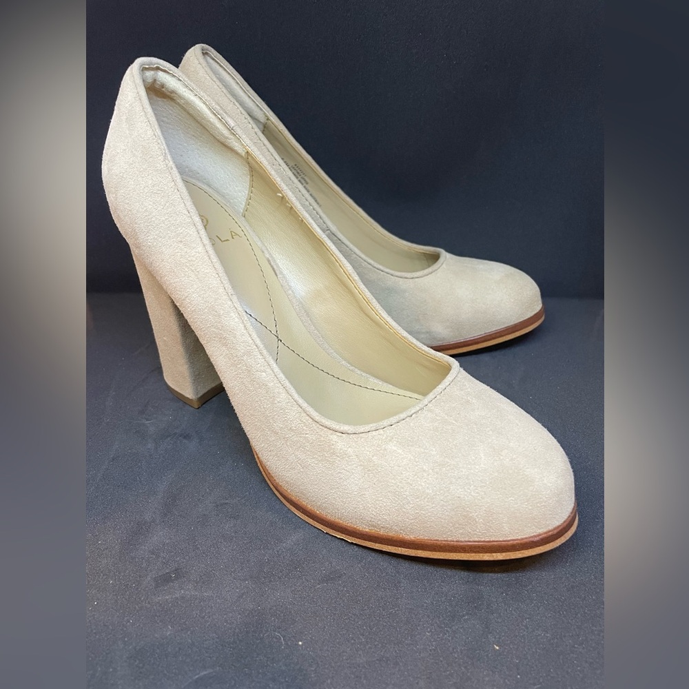 Isola Suede Block Heel Pumps in light tan color